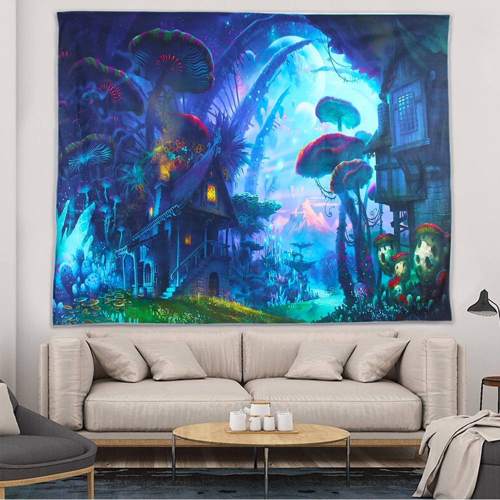 Large Trippy Psychedelic Mushroom Hut In The Forest Tapestry Wall Art Hanging - Picture 6 of 11